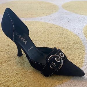 PRADA black leather buckle heels. Pointed toe 36.5